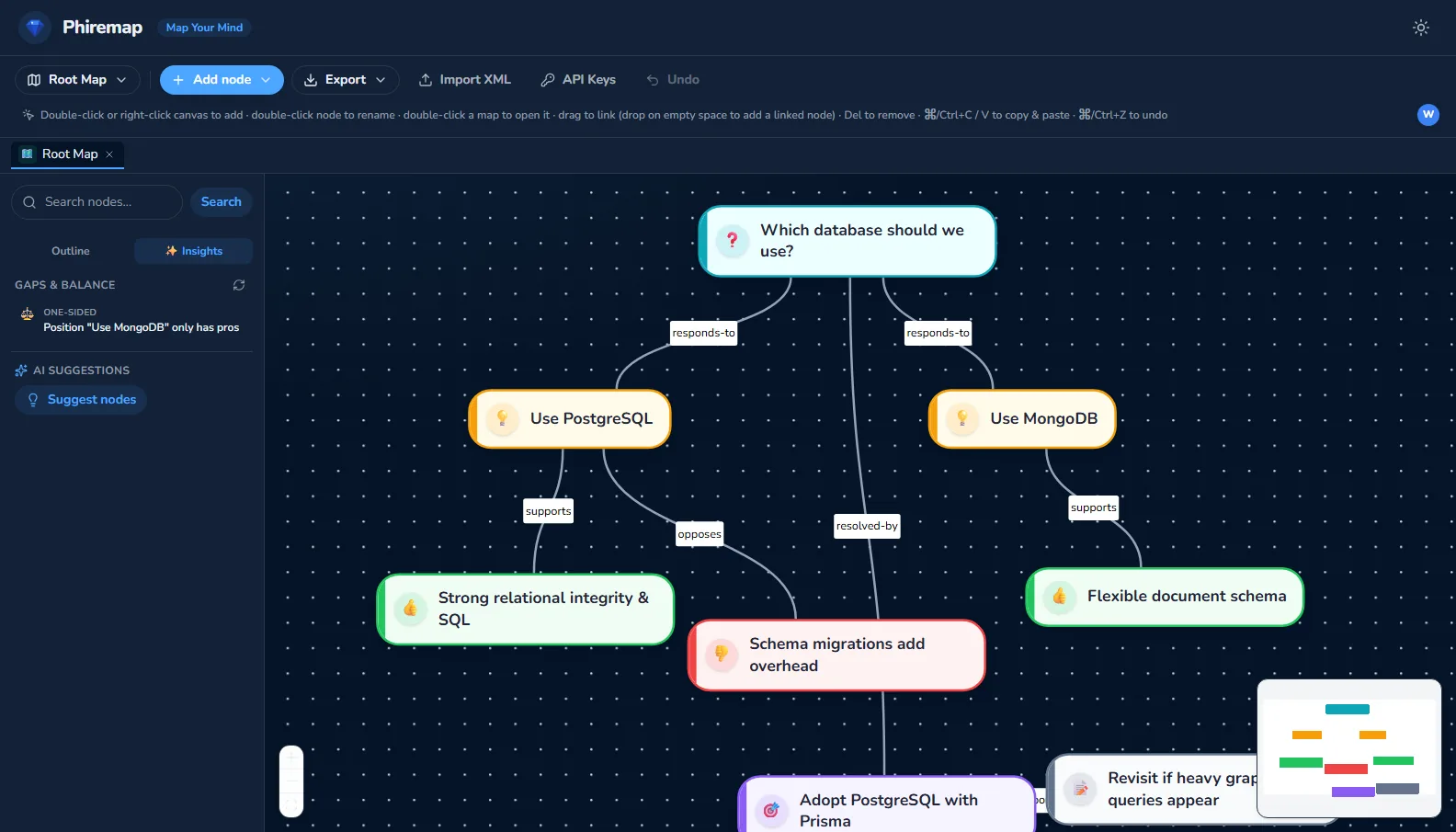 The Insights panel showing a Gaps & Balance finding that a position only has pros, plus an AI Suggestions section.